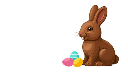 Easter chocolate bunny sitting beside colorful eggs  isolated on a transparent background