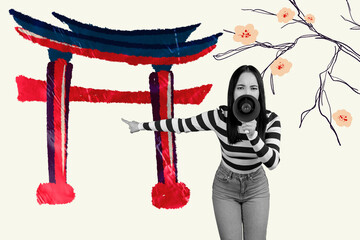 Trendy poster art photo collage of angry korean girl scream megaphone shinto building doodle sakura...