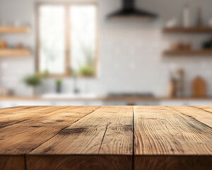 Rustic wooden table surface with a blurred kitchen background offers a versatile space for product placement and culinary photography projects on transparent background