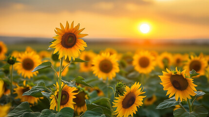 A stunning sunset casts its glow over a vast golden sunflower field in the countryside