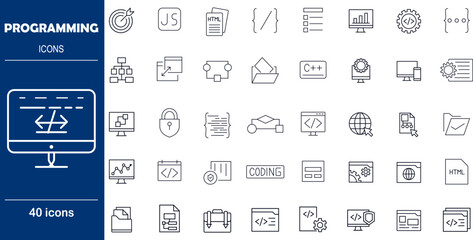 Programming and Software Development Vector Icons. Set of 40 editable stroke symbols for coding languages, tools, and web design. Includes code brackets, bugs, and performance graphs