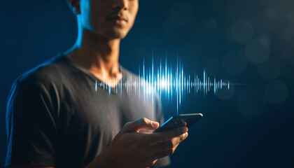 Voice Assistant and Smart Tech: An individual interacts with an AI-powered voice assistant through a sleek, futuristic interface, highlighting the seamless integration of technology in everyday life.