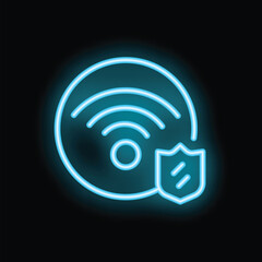 Neon icon representing a secured wifi signal with a shield, symbolizing online security and data protection