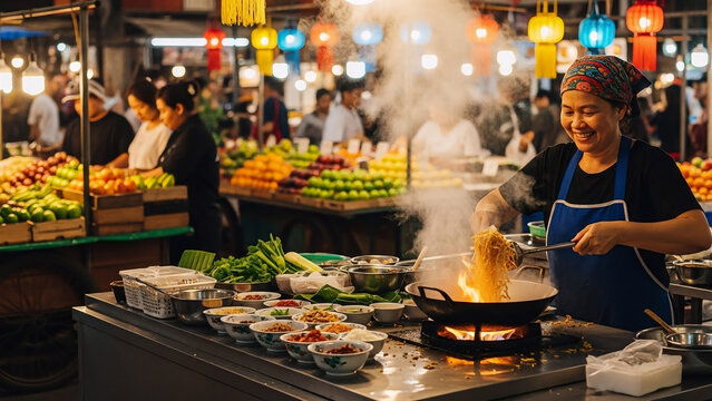 Smiling Asian Street Food Vendor Cooking Noodles in Wok with Flame and Steam at Vibrant Night Market in Bangkok, Thailand