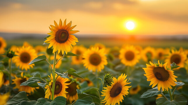 A stunning sunset casts its glow over a vast golden sunflower field in the countryside