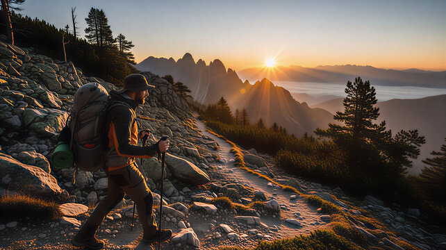 Adventurous Hiker Walking Rocky Mountain Trail at Sunrise, Exploring Majestic Alpine Landscape with Foggy Valley and Golden Sunburst