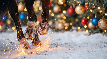 Horse's hooves kick up snow near a decorated Christmas tree. Colorful ornaments and lights create a festive atmosphere in a winter setting. Generative Ai 