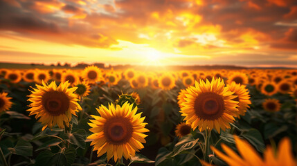 Fototapeta premium A stunning sunset casts its glow over a vast golden sunflower field in the countryside