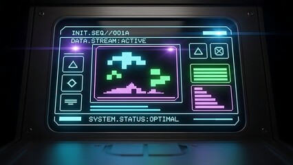 Futuristic interface with pixelated graphics and system status optimal for a retro-inspired technology concept or game development project