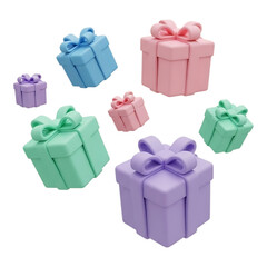 Colorful 3D illustration of various pastel gift boxes and presents isolated on a white backdrop for birthday or holiday designs