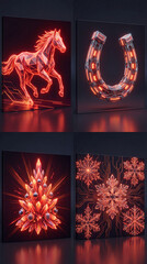 Four illuminated designs featuring a glowing horse, a horseshoe, a Christmas tree, and snowflakes. Each design showcases vibrant red light effects.seamless, pattern