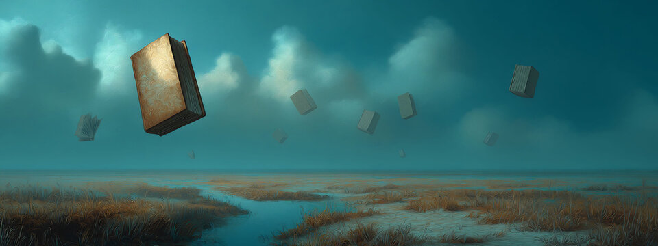 Giant floating books above quiet meadow, dreamy storytelling scene for World Book Day