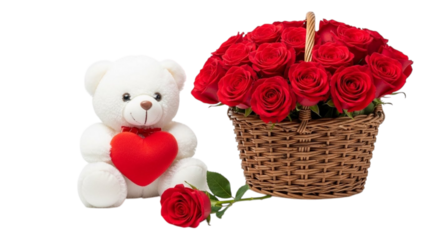 White teddy bear holding red heart beside basket of red roses plush toy stuffed animal