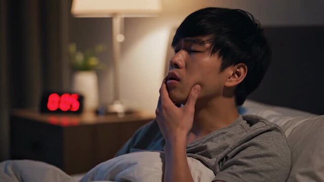 Asian man experiencing severe toothache in bed at night, suffering from dental pain and unable to sleep with a red digital clock.