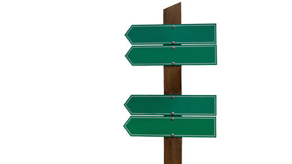 Green directional signpost with blank arrows isolated on transparent background