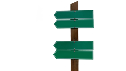 Green directional signpost with blank arrows isolated on transparent background