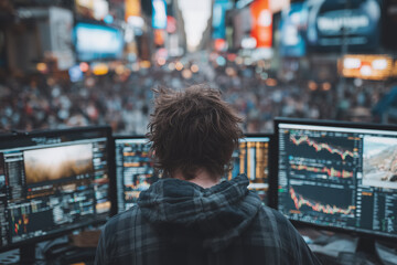 Young man analyzing stock market data on monitors in busy urban environment