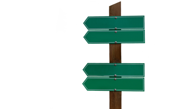 Green directional signpost with blank arrows isolated on transparent background