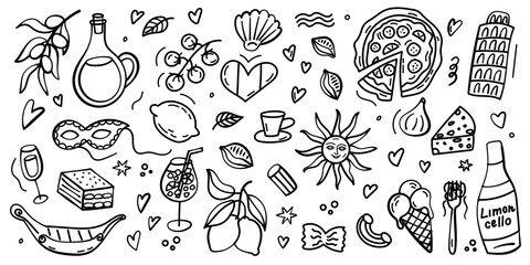 Hand drawn Italy doodles with cuisine, architecture and cultural elements