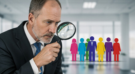 Executive scrutinizing potential candidates using magnifying glass for recruitment and hiring