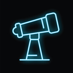 Blue neon icon of a telescope standing on a tripod, representing astronomy and stargazing