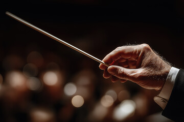 Mature man holding conductor's baton leading orchestra performance