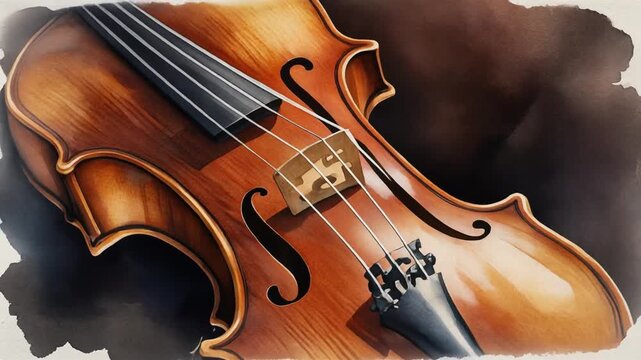 A close-up, artistic rendering of a wooden violin, showcasing its intricate details.