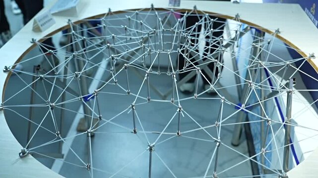 Functional model of a tensegrity structure displaying its unique architectural and engineering properties through compression and tension over a mirrored surface reflecting the intricate design