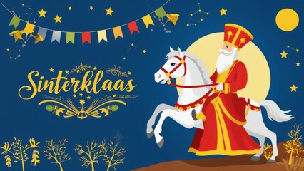 A card with Sinterklaas riding his white horse across a starry sky, with the moon and festive banners celebrating the Saint Nicholas holiday