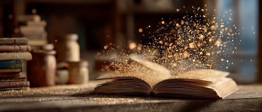 Cozy library with golden sunlight, wooden shelves, open book, warm nostalgia