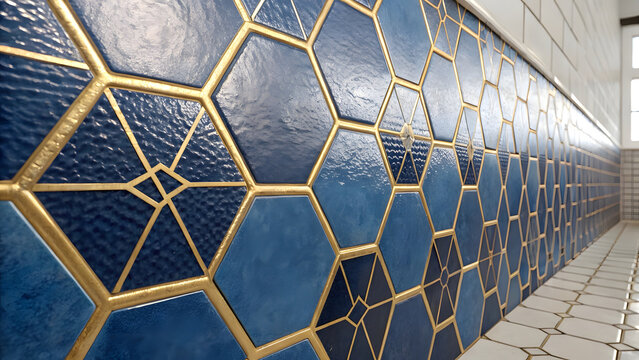 A high-resolution, photorealistic close-up of a stylish accent wall clad in modern tiles that blend deep sapphire blue and radiant metallic gold