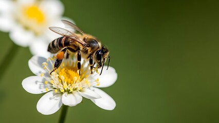 Honeybee Collecting Pollen from a White Flower in a Lush Green Meadow on a Sunny Day