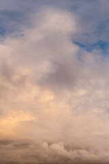 Dramatic Sunset Sky With Heavy Clouds Over Horizon, Moody Cloudscape At Dusk