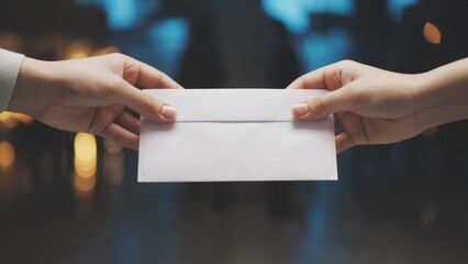 A close-up of hands passing a donation envelope symbolizing generosity and giving, with a blurred background of a charity event