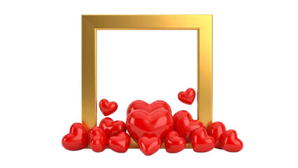 Golden square frame with red hearts on black background love romance