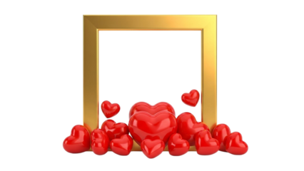 Golden square frame with red hearts on black background love romance