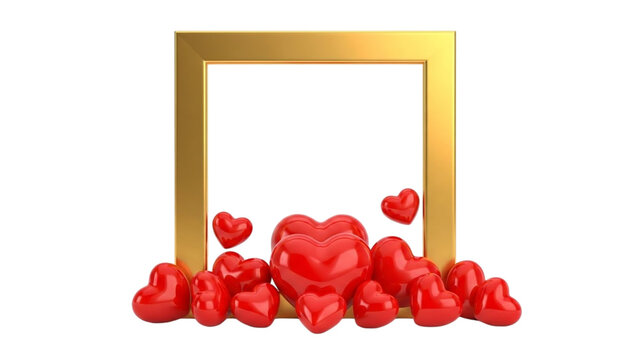 Golden square frame with red hearts on black background love romance