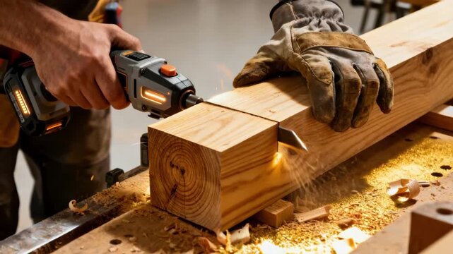 Craftsman experiencing haptic feedback from advanced carpentry tools while shaping wood ensuring tactile precision in project work.