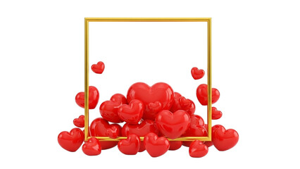 Golden square frame with pile of red glossy hearts on black background love symbol