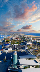 Aerial shot along the coastline and Newport Bay at Marina Park in Newport Beach California USA