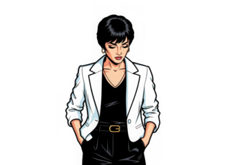 Stylish woman in black blazer with short hair, looking down, confident pose vector