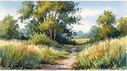 Tranquil watercolor painting of a sun-drenched countryside path lined with lush green trees and grass, perfect for adding peace and serenity to any project