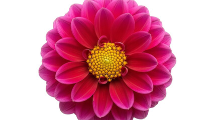 Close up of a vibrant pink dahlia flower with a bright yellow center on a transparent background