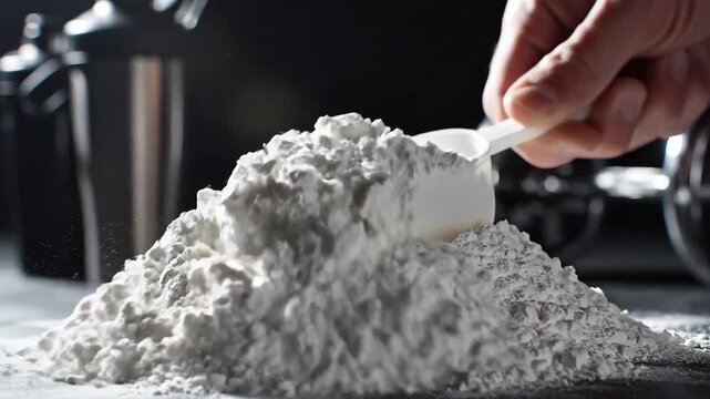 Scooping Protein Powder for Workout Supplement Preparation.