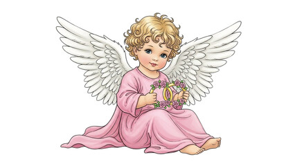 Cute blonde baby angel in pink dress holding floral rings with white wings cherub child