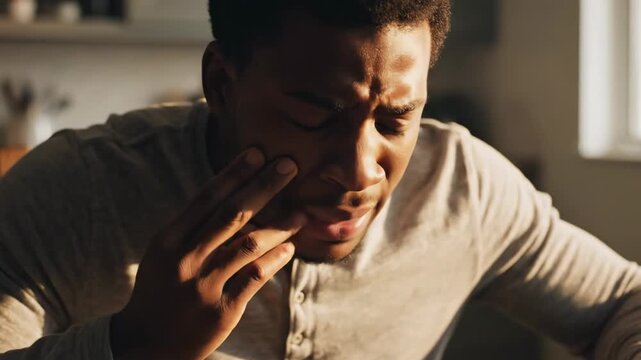 African american man experiences severe toothache while eating, then touches his pained cheek and winces again in distress.
