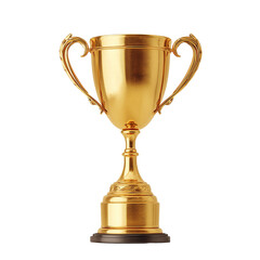 Shining golden trophy symbolizing victory and achievement, featuring intricate handles and a glossy finish resting on a base on transparent background