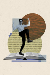 Naklejka premium Exclusive pop vertical sketch art collage of happy student girl guy do homework open book education concept bookworm hobby reader