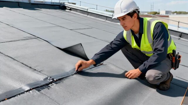 Professional assesses synthetic flat roofing membrane for punctures and seams integrity emphasizing flexible materials durability features.