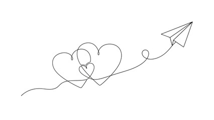 White continuous line drawing of three hearts and paper airplane on black love line art